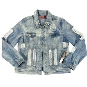 New Distressed Jean Jacket Womens 14 NWT $235 Designer Denim Riveted Simon Chang